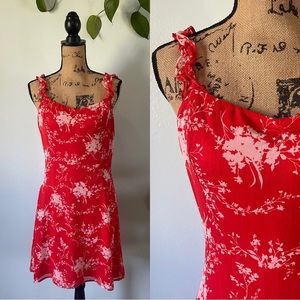 Red and White Floral Dress with Ruffle Straps